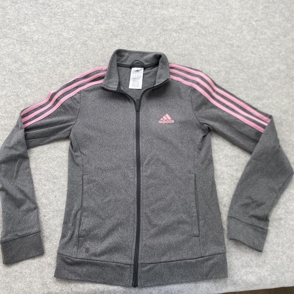 Adidas Jacket Youth XS 4-6 Gray Pink 3-Stripes Full Zip Track Athletic